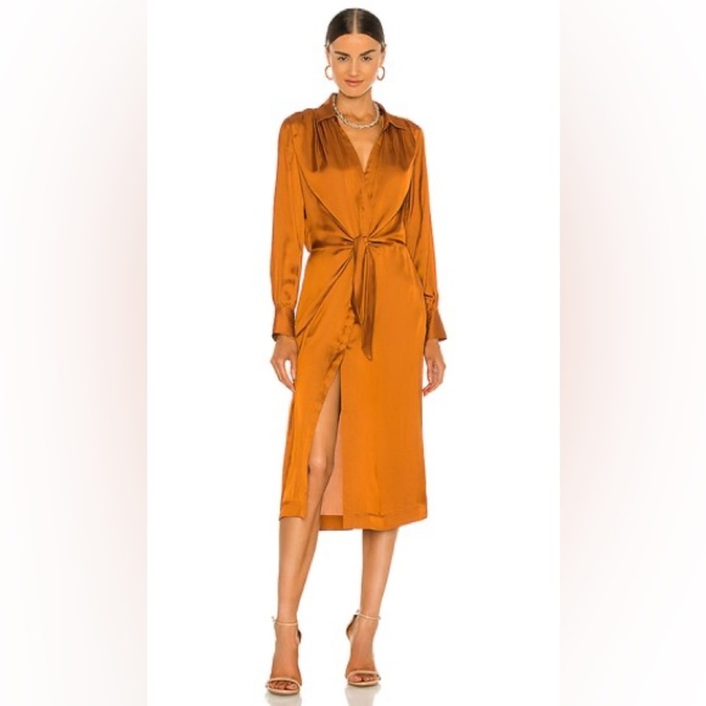 Brochu Walker Madsen Turmeric Copper Brown Orange Satin Front Tie Midi Dress